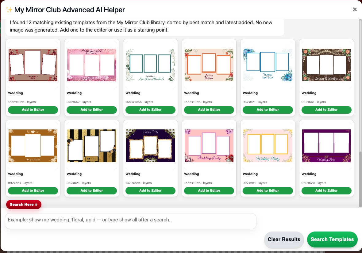 MyMirrorClub Advanced AI Helper showing matching editable wedding photo booth templates inside the online editor