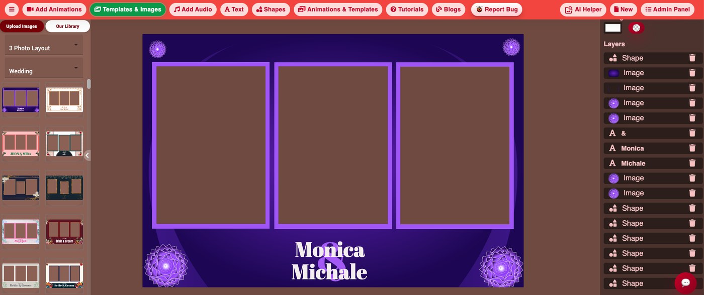 Editable wedding photo booth template open in the MyMirrorClub online editor with visible layers panel