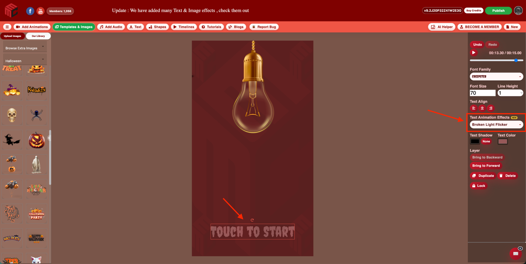 MyMirrorClub Text Animation Effects showing Broken Light Flicker applied to Touch to Start text